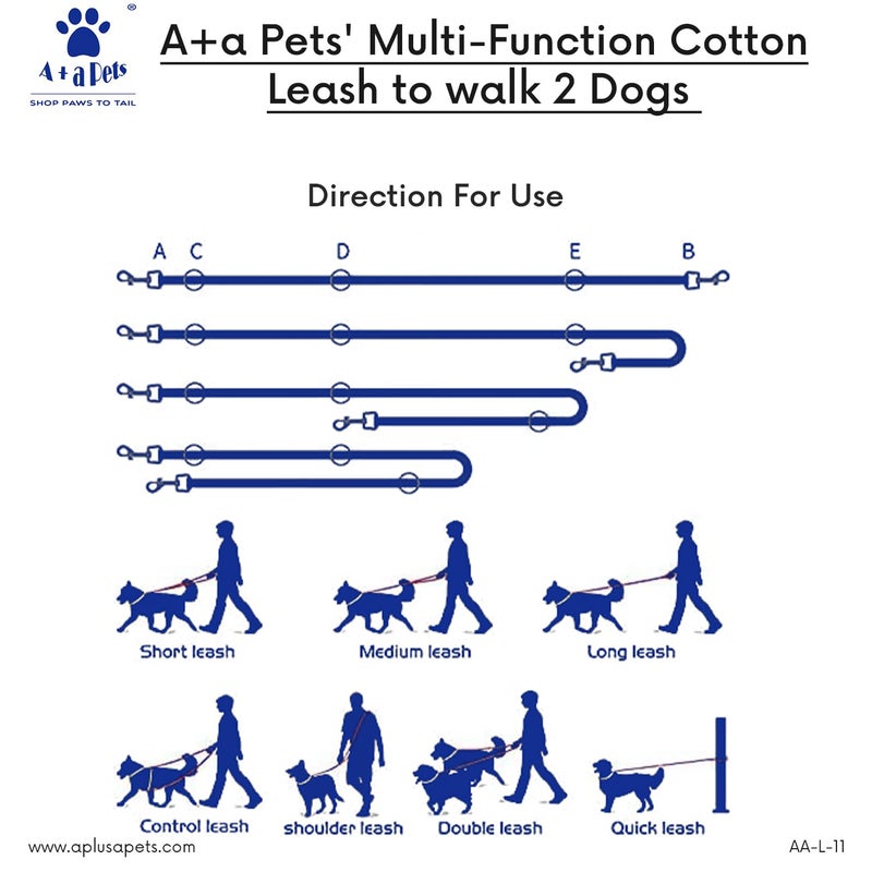 A+a Pets ’ Multi-Function Cotton Leash to Walk 2 Dogs | Long, Short, Hands Free, Traffic, Running, Walking | Adjustable, Soft Comfortable (Purple & White) - Image 3