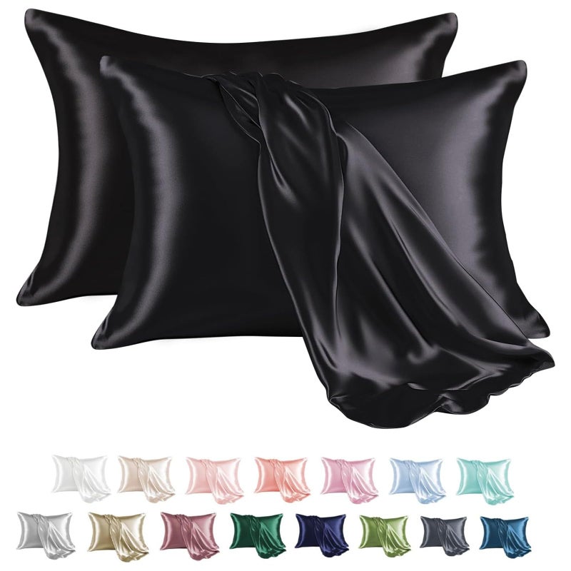 MRHM Satin Pillowcase for Hair and Skin Silk Satin Pillowcase 2 Pack King Size Pillow Cases Set of 2 Silky Pillow Cover with Envelope Closure 20x36 Black