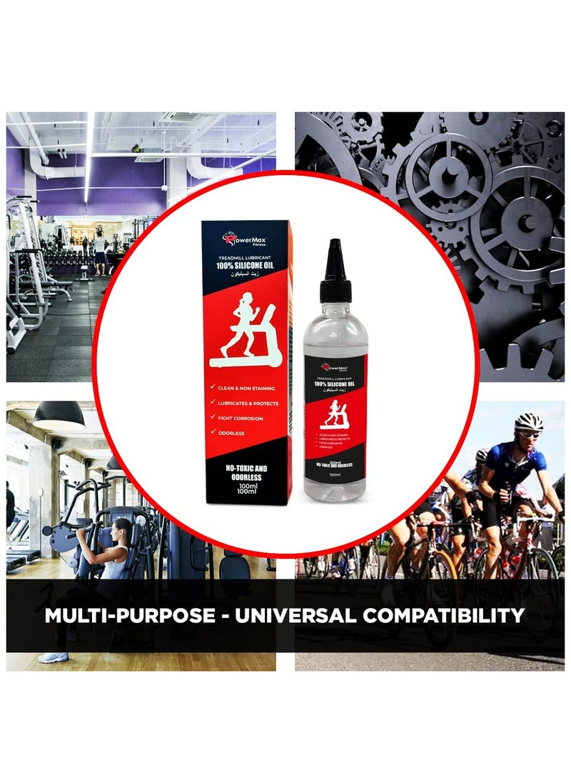 PowerMax Fitness Multi-Purpose PMS-100 (100ml Silicone Oil Bottle) 100% Pure Silicone Treadmill Belt Lubricant, Full Belt Width Lubrication, No Odor & No Propellants, Nozzle Cap for Easy Application