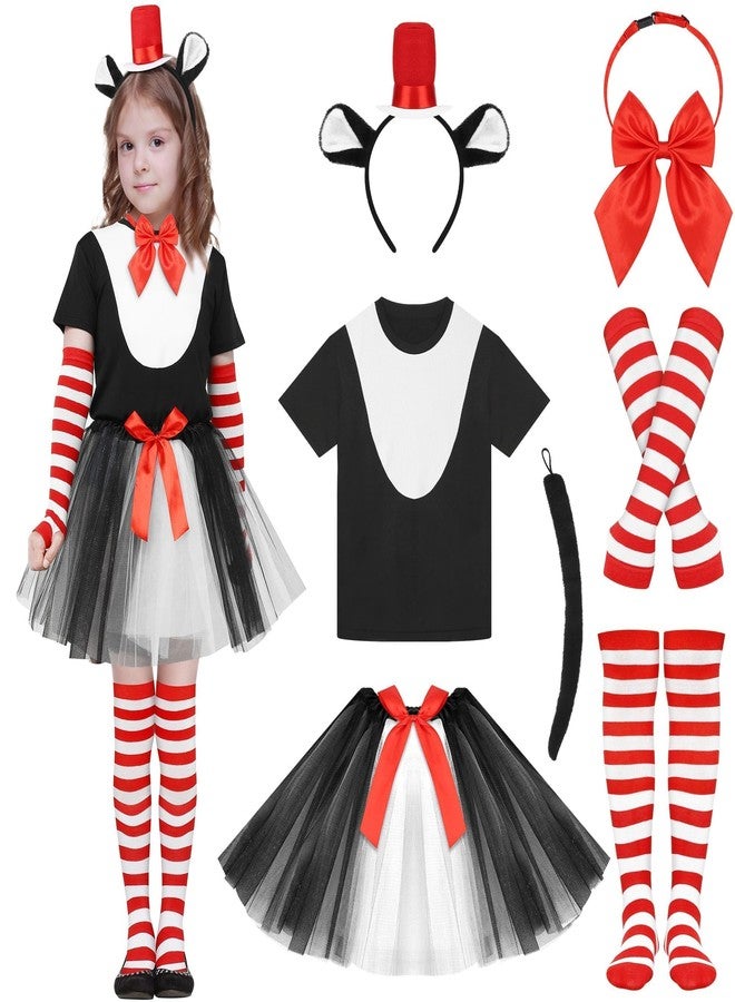 SOMSOC 7 Pieces Girls Cat Costume Set Black White T-shirt Tutu Skirts Headband Bowtie Socks Tail for Dress Up Cosplay Party - Image 1