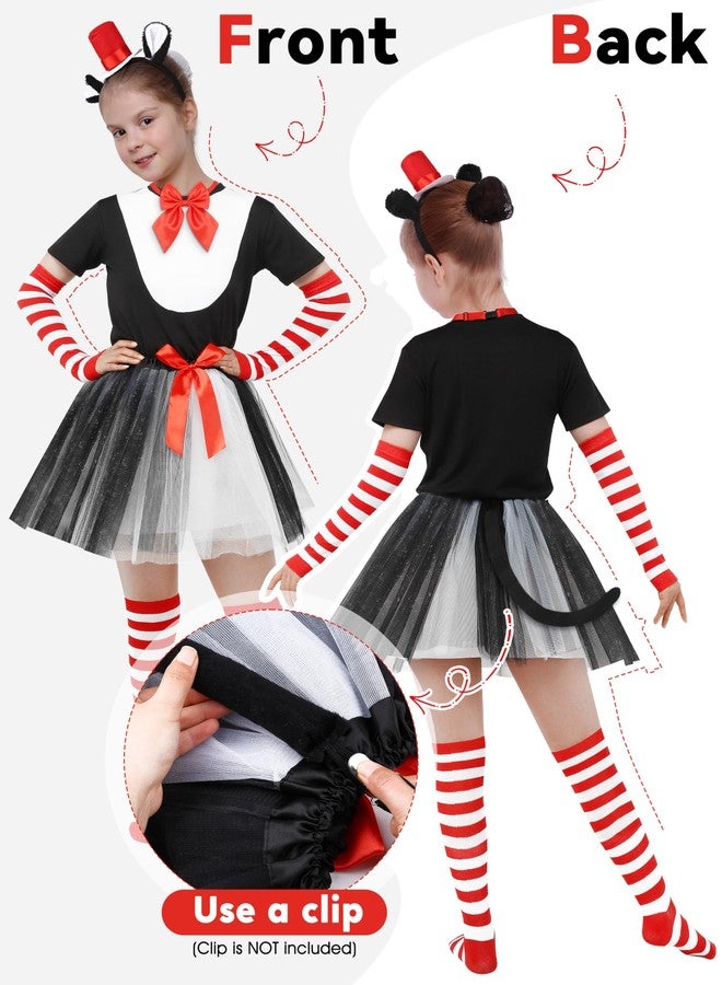 SOMSOC 7 Pieces Girls Cat Costume Set Black White T-shirt Tutu Skirts Headband Bowtie Socks Tail for Dress Up Cosplay Party - Image 5