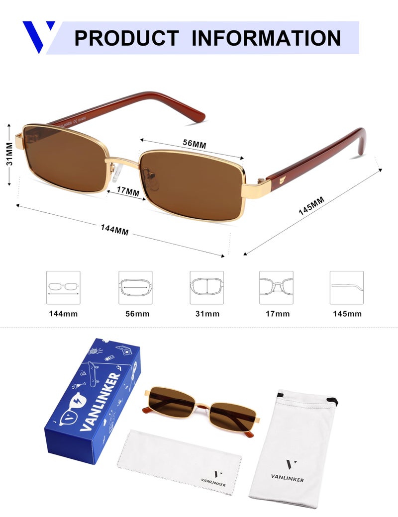 VANLINKER Retro Rectangle Polarized Sunglasses for Women Men Small 90s Vintage Trendy Slim Narrow Rectangular Frame Metal Sun Glass VL9684, Orange/Brown - Image 5