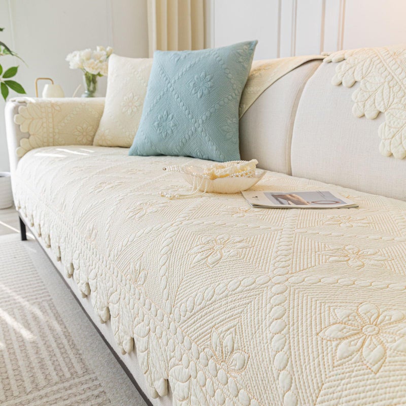 vctops Farmhouse 100% Cotton Quilted Couch Cover Floral Embroidered Sofa Cover Non-Slip Soft Sofa Slipcover Washable Furniture Protector (Cream,28"x28") - Image 1