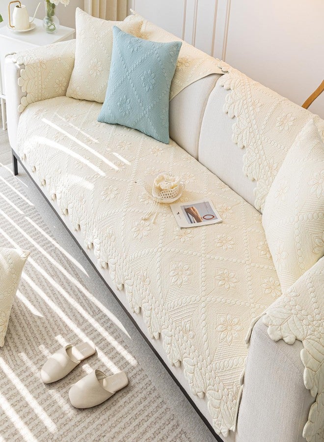 vctops Farmhouse 100% Cotton Quilted Couch Cover Floral Embroidered Sofa Cover Non-Slip Soft Sofa Slipcover Washable Furniture Protector (Cream,28"x28") - Image 4