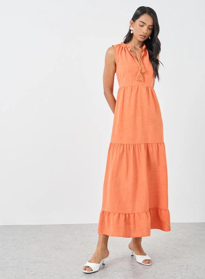 Take Two Take Two Solid Sleeveless V-Neck Ruffled Hem Tiered Maxi Dress
