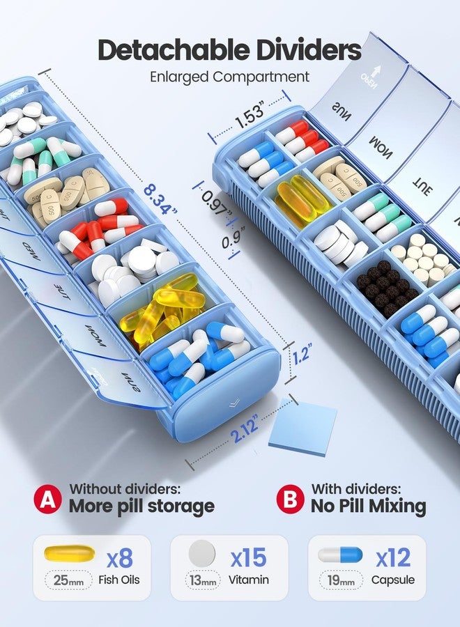 Vaydeer 7 Day Weekly Pill Organizer (Support 2 Times a Day), Metal Travel Pill Case, Large Capacity Daily Cute Pill Box for Supplements, Pills, Vitamins and Medication (Champagne), 8.3*2.1*1.2 Inch - Image 2