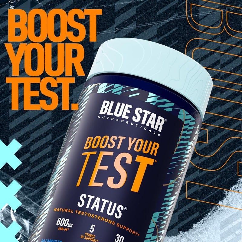 Blue Star Nutraceuticals مُعزز التستوستيرون للرجال من بلو ستار نيوتراسيتيكالز ستاتوس مع كيه إس إم 66 أشواغاندا لتعزيز القدرة على التحمل ونمو العضلات والطاقة - 90 كبسولة نباتية - Image 2