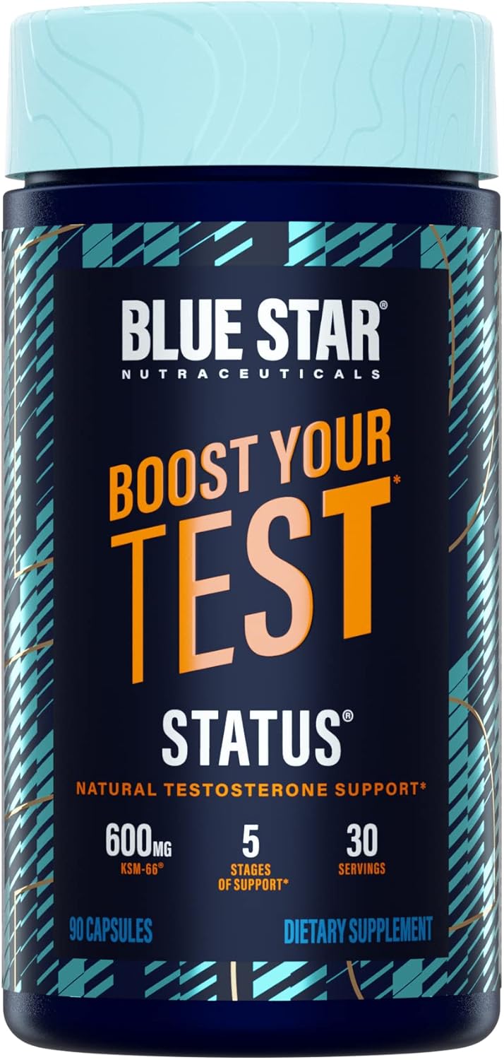Blue Star Nutraceuticals مُعزز التستوستيرون للرجال من بلو ستار نيوتراسيتيكالز ستاتوس مع كيه إس إم 66 أشواغاندا لتعزيز القدرة على التحمل ونمو العضلات والطاقة - 90 كبسولة نباتية - Image 1
