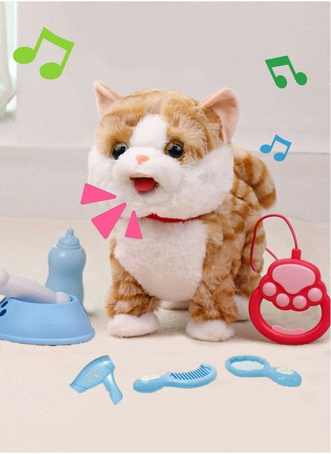 Interactive Cat Toy for Children,Leash Walking Cat Set Interactive Talking Toy Singing Dancing Kitten Mimicking Repeat What You Say Kitty Touch and Voice Control Nodding Wagging Tail Plush Electric Robot for Kids