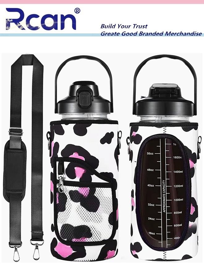 Rcan Portable Plastic Water Bottle with Straw and Handle Lid Large Capacity Water Cup with Time Marker Crossbody Carrier Strap Insulated Cloth Cup Bag Reusable Sports Drinking Bottle for Men and Women - Image 1