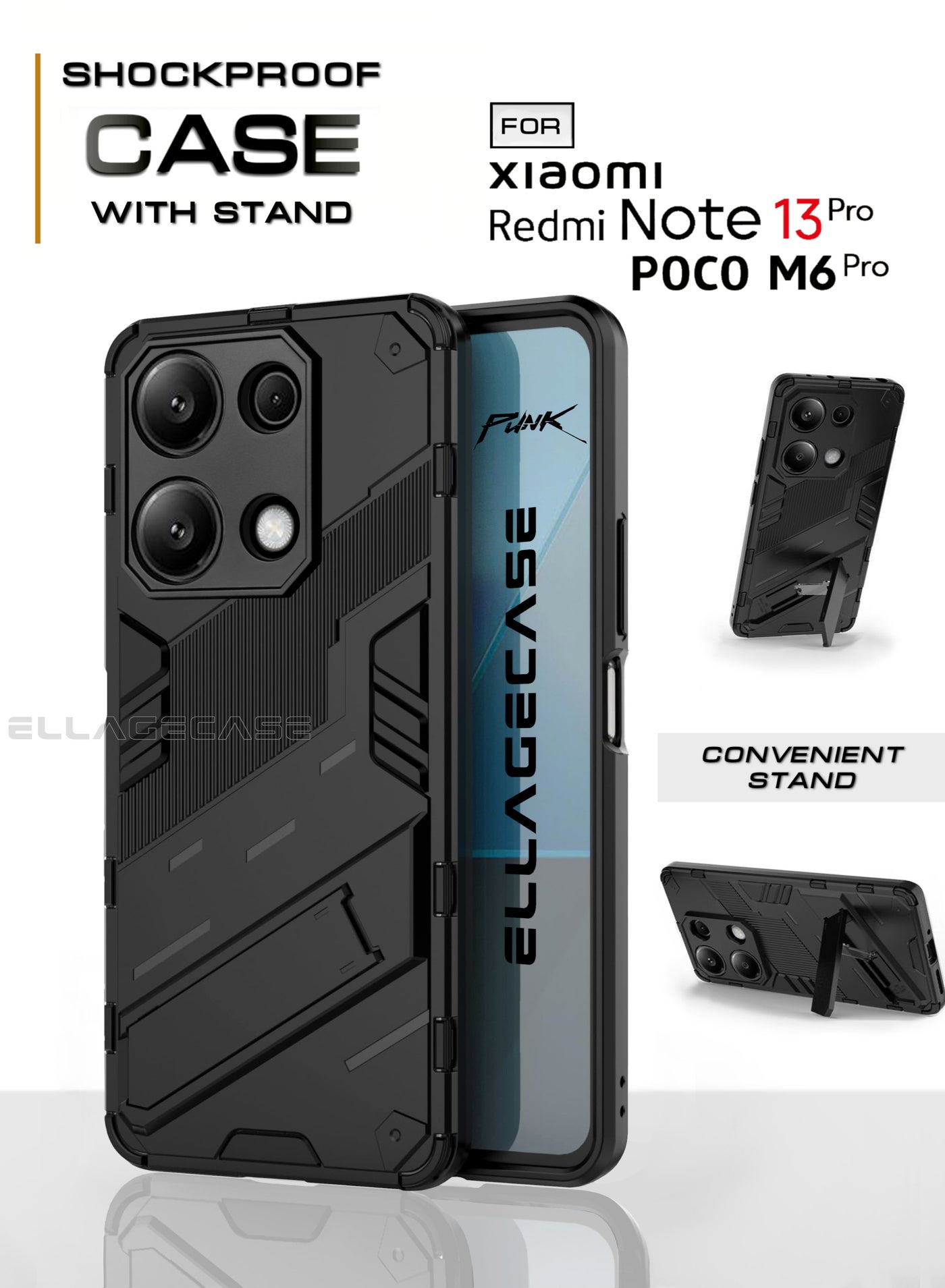 ELLAGECASE Shockproof Case for Xiaomi Redmi Note 13 Pro 4G / Xiaomi Poco M6 Pro 4G, Enhanced Protection, Built-in Magnetic Mount, Convenient Stand, Solid Camera Protection