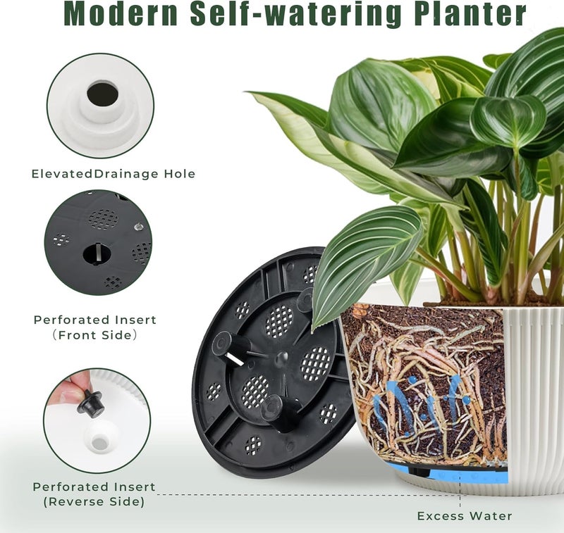 T4U 8 Inch Self Watering Pots for Indoor Plants, 2 Pack Plant Pots, Durable Plastic Self Watering Planter for Indoor Plants (2 Pack, 8", White) - Image 3