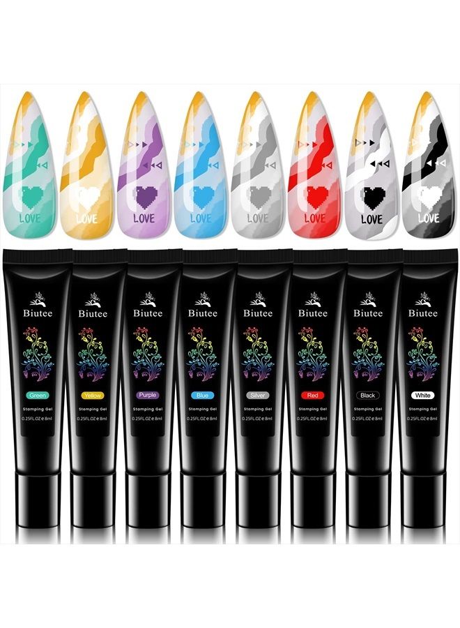 SEISSO Nail Stamping Gel Polish, 8 Colors Stamping Polish Red Black White Purple Blue Silver Soak Off Printed Gel UV Nail Polish Gel for Nail Stamp Plate Stamper DIY Nail Art Design - Image 1