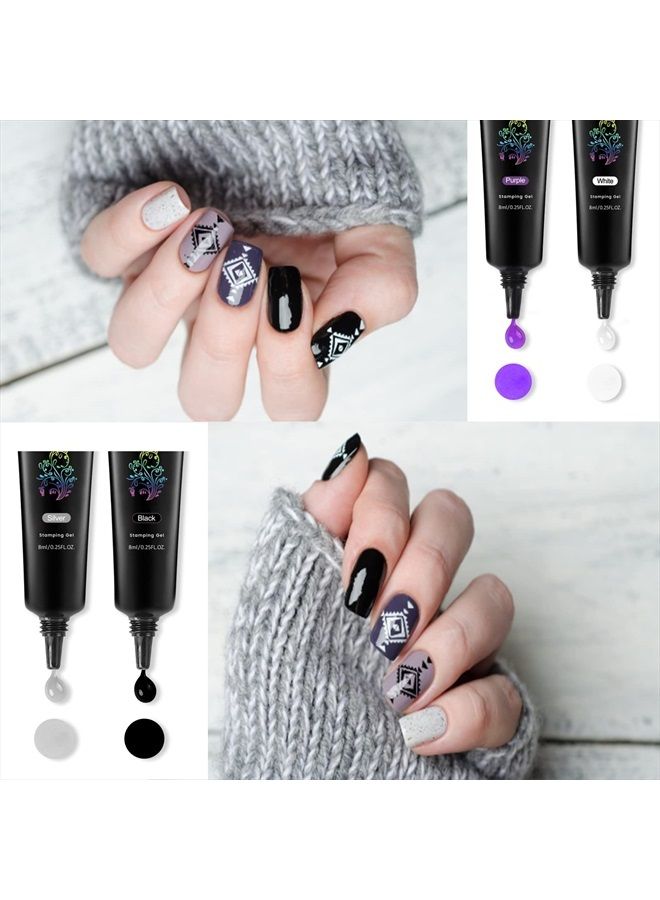 SEISSO Nail Stamping Gel Polish, 8 Colors Stamping Polish Red Black White Purple Blue Silver Soak Off Printed Gel UV Nail Polish Gel for Nail Stamp Plate Stamper DIY Nail Art Design - Image 3