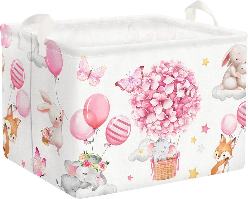 Clastyle Pink Butterfly Flower Baby Girl Basket Hot Air Balloon Animal Shower Towel Storage Bin Sleeping Elephant Rabbit Fox Shelf Basket Rectangle Clothes Toy Book Box Organizer - Image 1