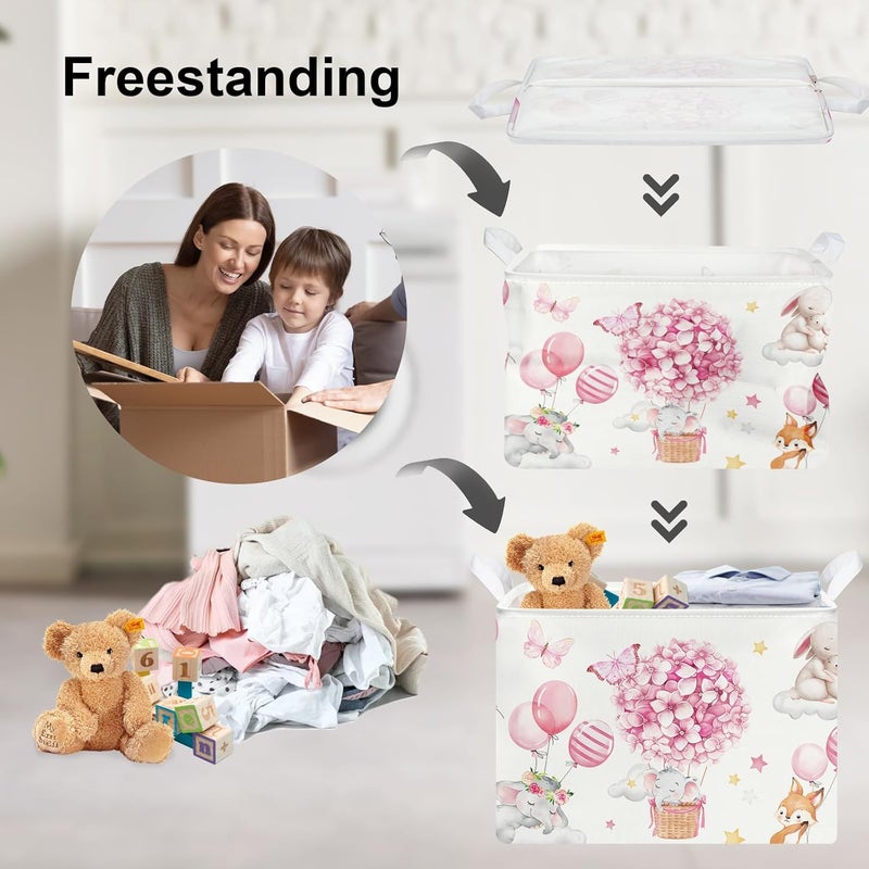 Clastyle Pink Butterfly Flower Baby Girl Basket Hot Air Balloon Animal Shower Towel Storage Bin Sleeping Elephant Rabbit Fox Shelf Basket Rectangle Clothes Toy Book Box Organizer - Image 3