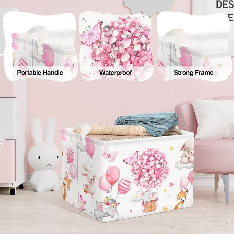 Clastyle Pink Butterfly Flower Baby Girl Basket Hot Air Balloon Animal Shower Towel Storage Bin Sleeping Elephant Rabbit Fox Shelf Basket Rectangle Clothes Toy Book Box Organizer - Image 4