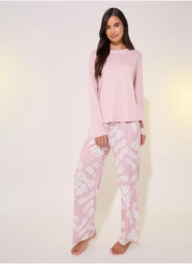 Take Two Solid Round Neck T-Shirt and Printed Pyjama Set by Styli  - Image 1