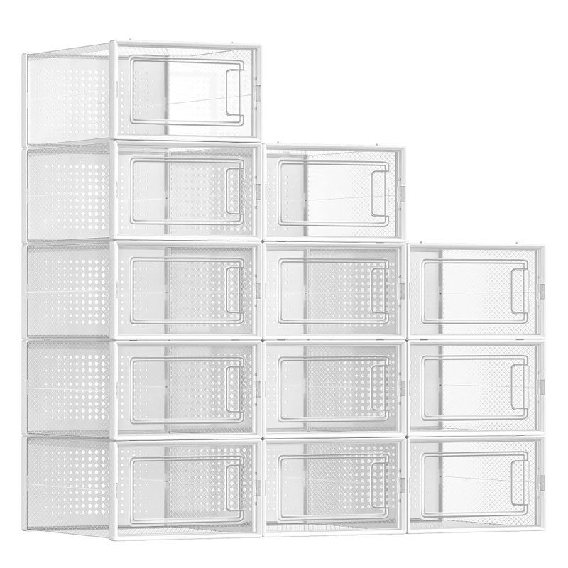 SONGMICS Shoe Boxes Pack of 12 Shoe Storage Organizers Stackable Clear Plastic Boxes for Closet Sneakers 91 x 131 x 56 Inches Fit up to US Size 11 Transparent and White ULSP12SWT