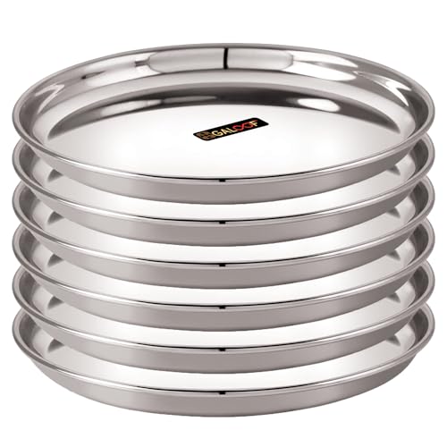 GALOOF Stainless Steel Full Size 12" Dinner Plates | 30 cm Dia Mirror Finish Deep Wall SS Bhojan Thali Khumcha Plate Set (Pack of 6) - Image 1