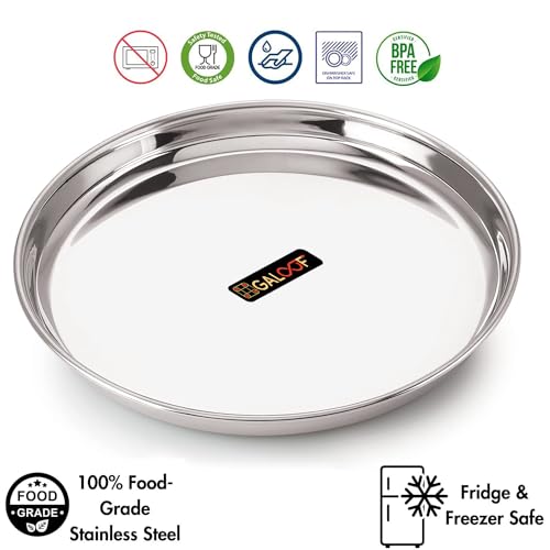 GALOOF Stainless Steel Full Size 12" Dinner Plates | 30 cm Dia Mirror Finish Deep Wall SS Bhojan Thali Khumcha Plate Set (Pack of 6) - Image 5