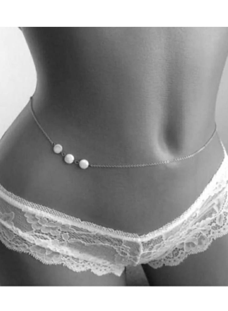 Women's Belly Chain of off white pearls with Silvery Chain
