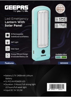 جيباس فانوس طوارئ LED عالي الطاقة مع لوحة شمسية، GE53030 ،أكوا/واضح  - Image 2