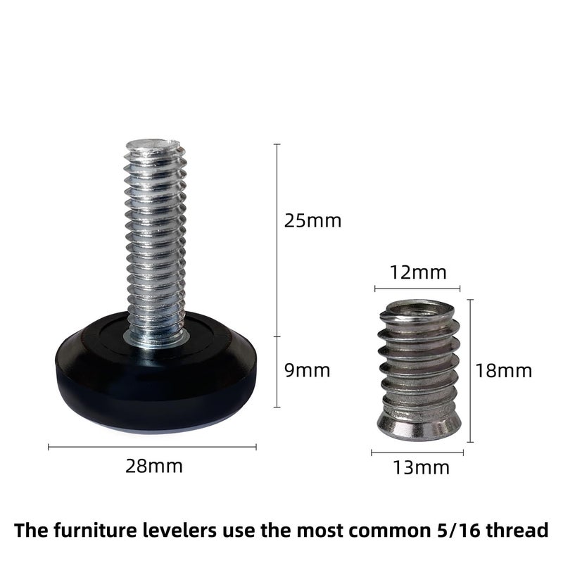 Twig 5/16" Thread Furniture/Table/Chair/Bar Stool Feet Levelers Screw On for Wood Leg Leveling Glides,5/16-18 Threaded Adjustable Foot Pads Screws in with Inserts (8 Pcs/Package) - Image 2