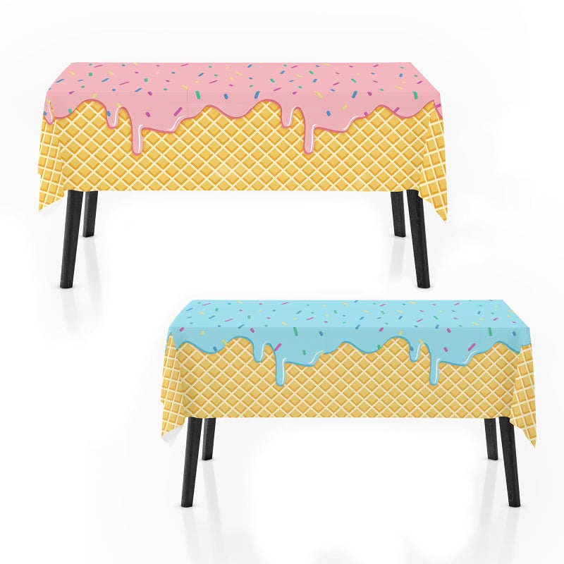 Zharkoo 2 Pack Ice Cream Tablecloth for Party Supplies, 108x54 Inch Sweet Dessert Theme Disposable Plastic Table Cover for Kids Birthday, Summer Party Decor for Girls and Boys - Image 1