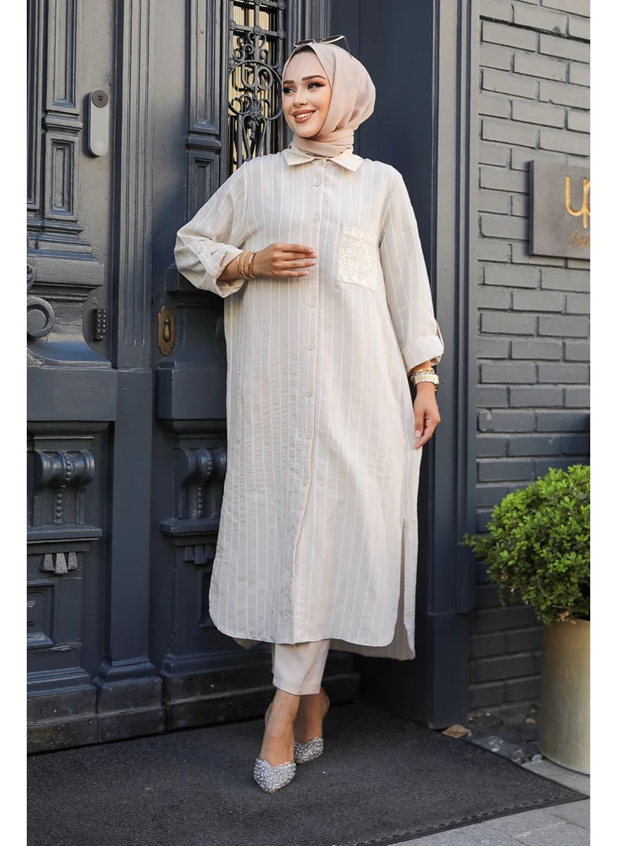 Neva Style Striped Beige Hijab Tunic 10521BEJ