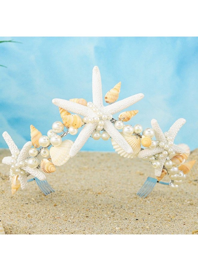 Unicra Starfish Crown And Tiaras Silver Pearl Bridal Headband Beach Headpiece Wedding Hair Accessories For Women And Girls  - Image 2