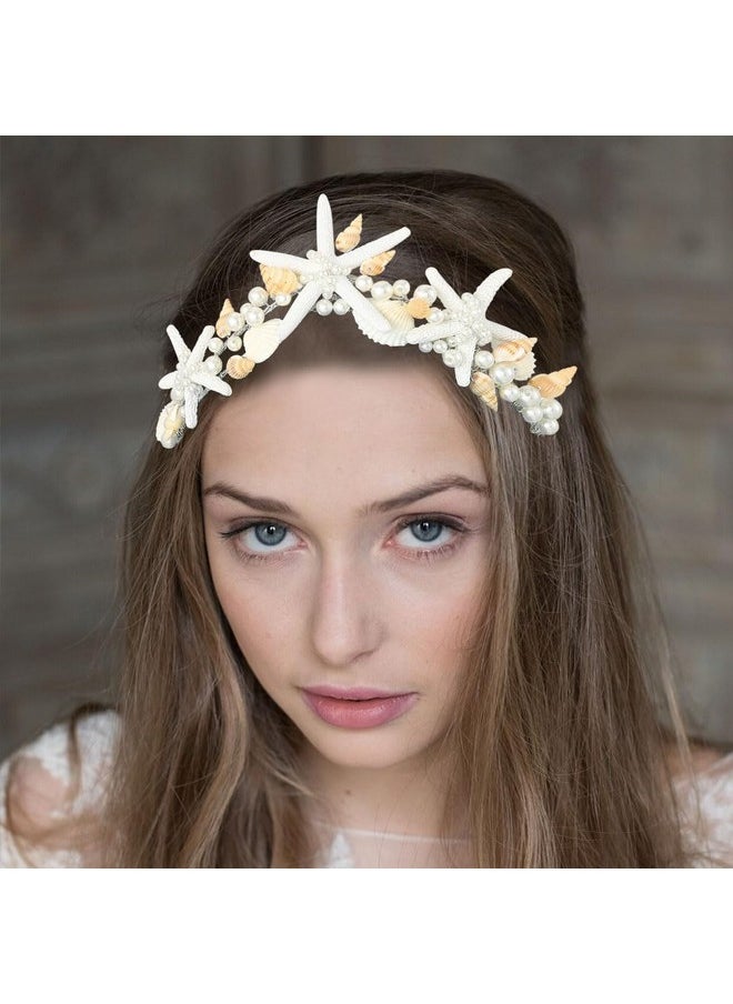 Unicra Starfish Crown And Tiaras Silver Pearl Bridal Headband Beach Headpiece Wedding Hair Accessories For Women And Girls  - Image 3