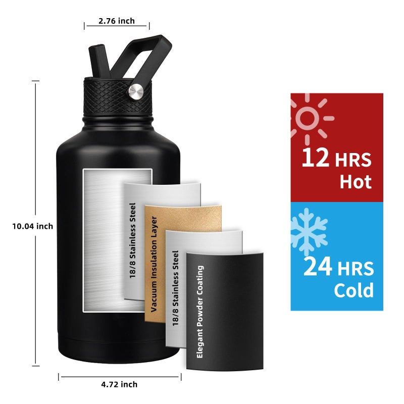 YONICOER Insulated Water Bottle 64oz,Triple Wall Vacuum Stainless Steel(Dishwasher Safe),Leak Proof & Non-BPA,Flask Jug with Paracord Handle & Straw Spout Lids Sports Black - Image 2