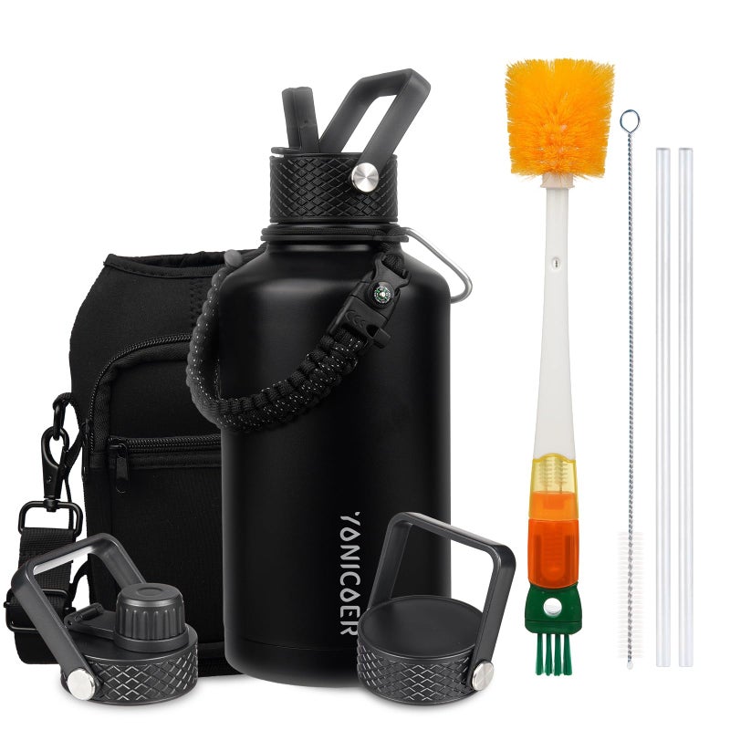 YONICOER Insulated Water Bottle 64oz,Triple Wall Vacuum Stainless Steel(Dishwasher Safe),Leak Proof & Non-BPA,Flask Jug with Paracord Handle & Straw Spout Lids Sports Black - Image 1