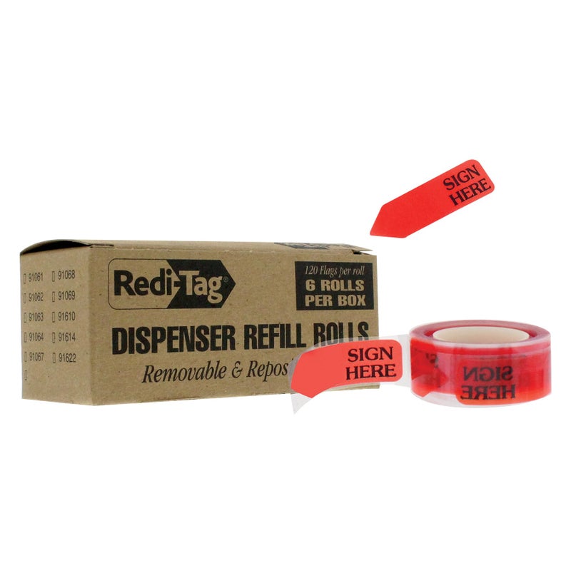 Redi-Tag "Sign Here" Adhesive Flags for Dispenser, Ideal for Office, School and Home Organization, Refills for Dispenser, 1.75" x 0.6", Red, 120 per Box, 6 Rolls, 720 Flags (B91002) - Image 1