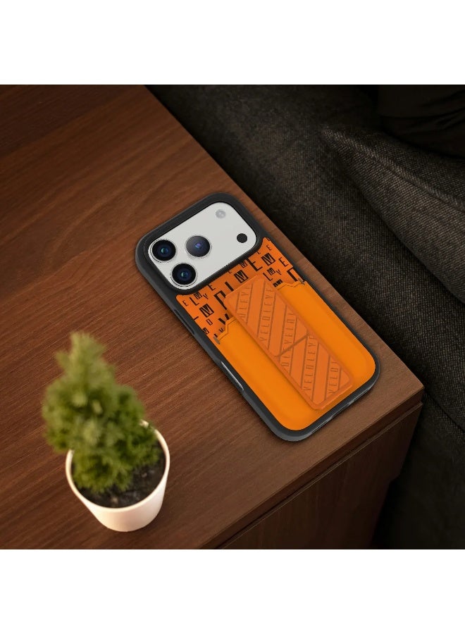 LEVELO iPhone 17 Pro Case Morphix Gripstand With Cardholder & Magnetic Strap Stand / Secure Hold / One-Hand Grip / Shock-Resistant Bumper / Luxury Printed Branding Back Cover - Sunrise Orange - Image 5