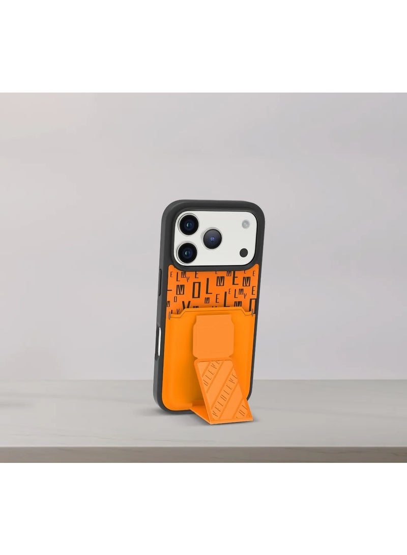 LEVELO iPhone 17 Pro Case Morphix Gripstand With Cardholder & Magnetic Strap Stand / Secure Hold / One-Hand Grip / Shock-Resistant Bumper / Luxury Printed Branding Back Cover - Sunrise Orange - Image 2