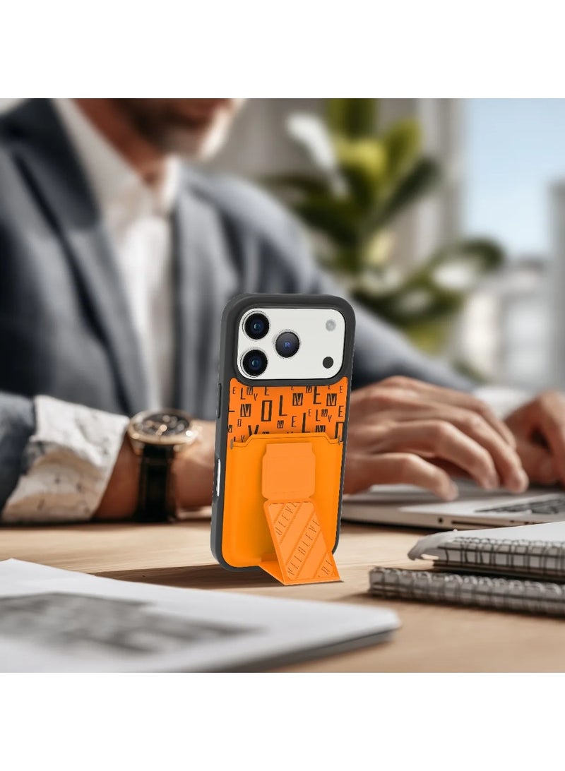 LEVELO iPhone 17 Pro Case Morphix Gripstand With Cardholder & Magnetic Strap Stand / Secure Hold / One-Hand Grip / Shock-Resistant Bumper / Luxury Printed Branding Back Cover - Sunrise Orange - Image 3