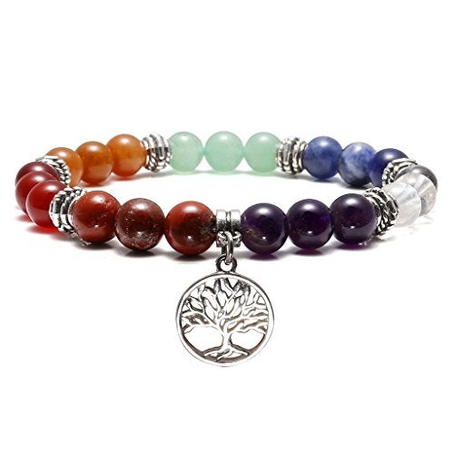 Top Plaza 7 Chakra Reiki Healing Bracelet Real Stones Yoga Meditation Mala Bead Elastic Bracelets For Women, Silver Alloy Life Tree Charm - Image 1