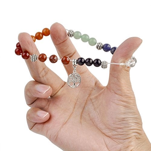 Top Plaza 7 Chakra Reiki Healing Bracelet Real Stones Yoga Meditation Mala Bead Elastic Bracelets For Women, Silver Alloy Life Tree Charm - Image 3
