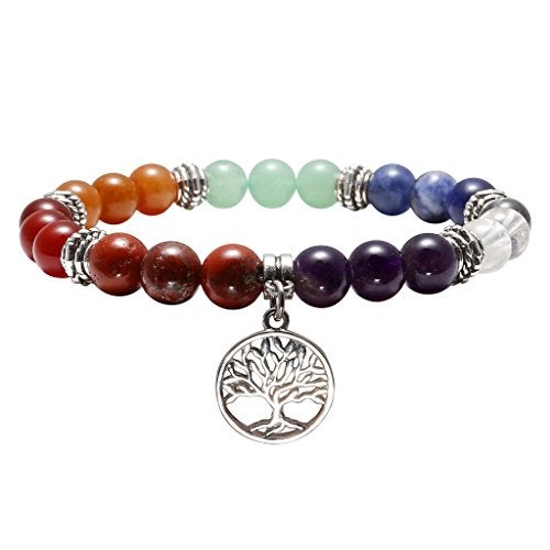 Top Plaza 7 Chakra Reiki Healing Bracelet Real Stones Yoga Meditation Mala Bead Elastic Bracelets For Women, Silver Alloy Life Tree Charm - Image 4
