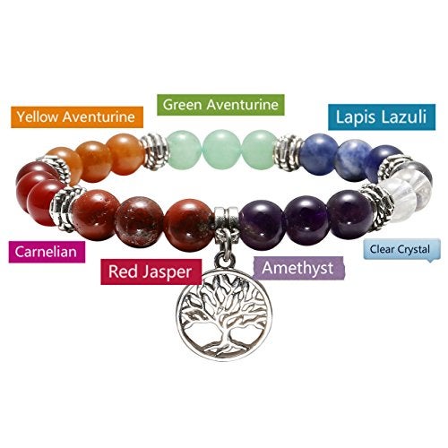 Top Plaza 7 Chakra Reiki Healing Bracelet Real Stones Yoga Meditation Mala Bead Elastic Bracelets For Women, Silver Alloy Life Tree Charm - Image 5