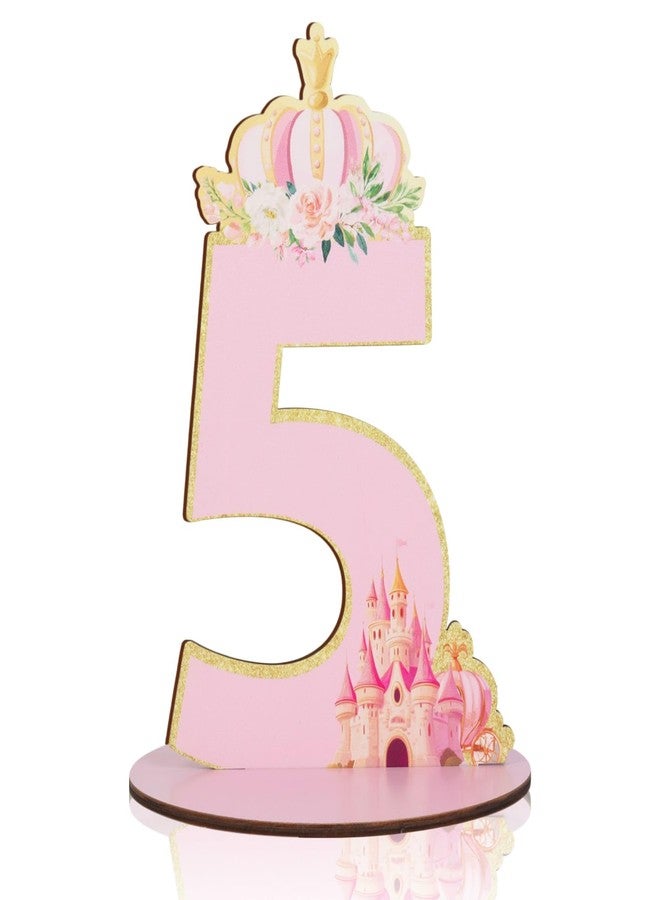 CORNER LACE Princess 5th Birthday Number Sign Centerpiece, Her Royal Fiveness Themed Wooden Table Decoration Pink Glitter Gold, Five Years Old Birthday Parties Photo Props Supplies Decor - Image 1