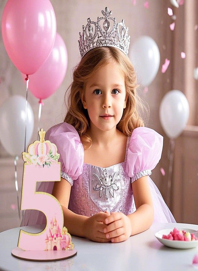 CORNER LACE Princess 5th Birthday Number Sign Centerpiece, Her Royal Fiveness Themed Wooden Table Decoration Pink Glitter Gold, Five Years Old Birthday Parties Photo Props Supplies Decor - Image 2