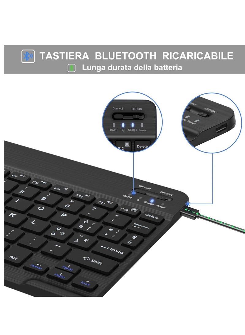 Wireless Bluetooth Keyboard for iPad/Samsung Tablet/Huawei/Lenovo, Rechargeable Ultra Slim Keyboard Compatible IOS/Windows/Android, Italian QWERTY Layout, Black