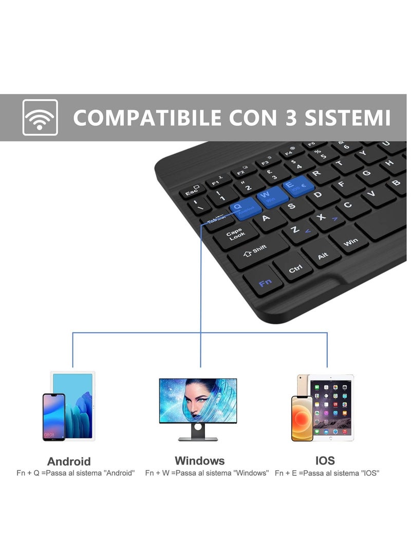 Wireless Bluetooth Keyboard for iPad/Samsung Tablet/Huawei/Lenovo, Rechargeable Ultra Slim Keyboard Compatible IOS/Windows/Android, Italian QWERTY Layout, Black