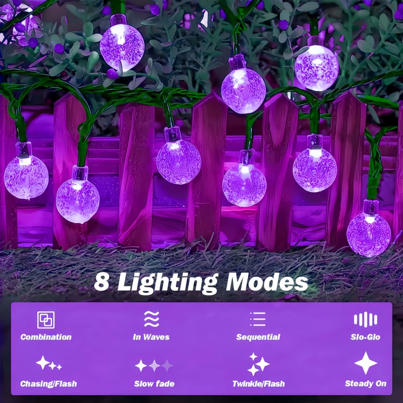Solar Powered Crystal Ball String Lights Cool White 20LED 8 Modes Waterproof - Image 2