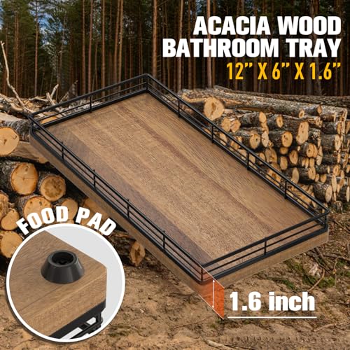 Focusonit Bathroom Vanity Tray for Countertop, 12" x 6" Acacia Wood Toilet Tank Tray with Metal Guardrail, Bathroom Organizer for Soap, Perfume & Skincare, Non-Slip Decorative Tray for Dresser, Black & Acacia - Image 3