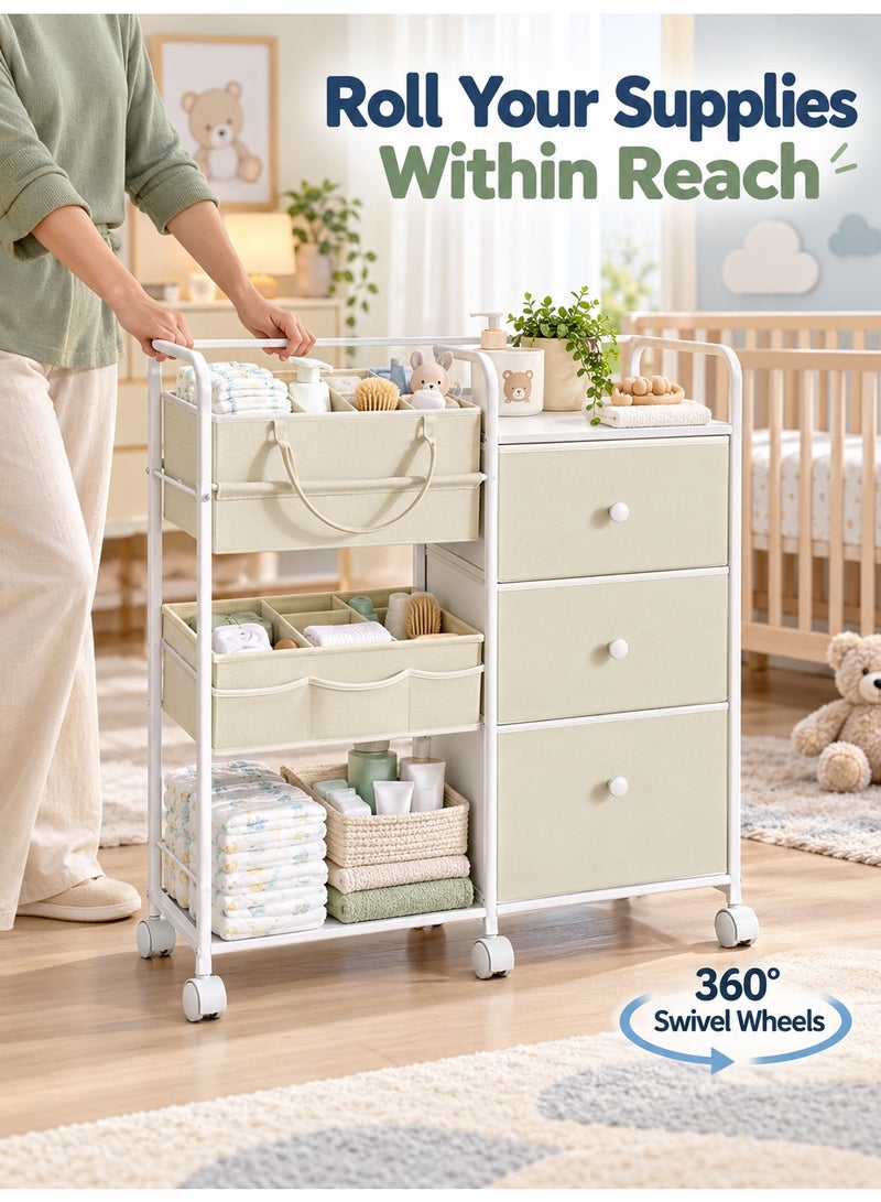WALALLA 2In1 Baby Diaper Caddy Organizers and Storage, 3 Tier Rolling Cart with Dividers and Drawers, Mobile Utility Cart Baby Dresser Clothes Organizer for Changing Table, Crib Nursery, Bedroom - Image 5
