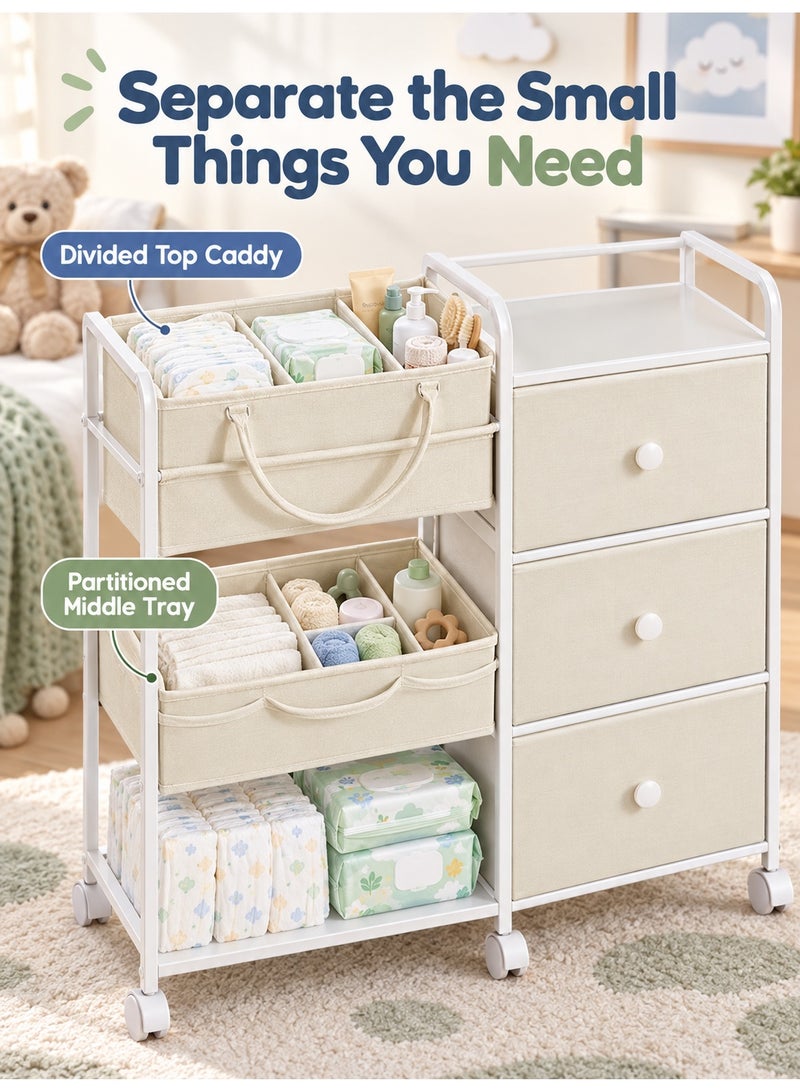 WALALLA 2In1 Baby Diaper Caddy Organizers and Storage, 3 Tier Rolling Cart with Dividers and Drawers, Mobile Utility Cart Baby Dresser Clothes Organizer for Changing Table, Crib Nursery, Bedroom - Image 3